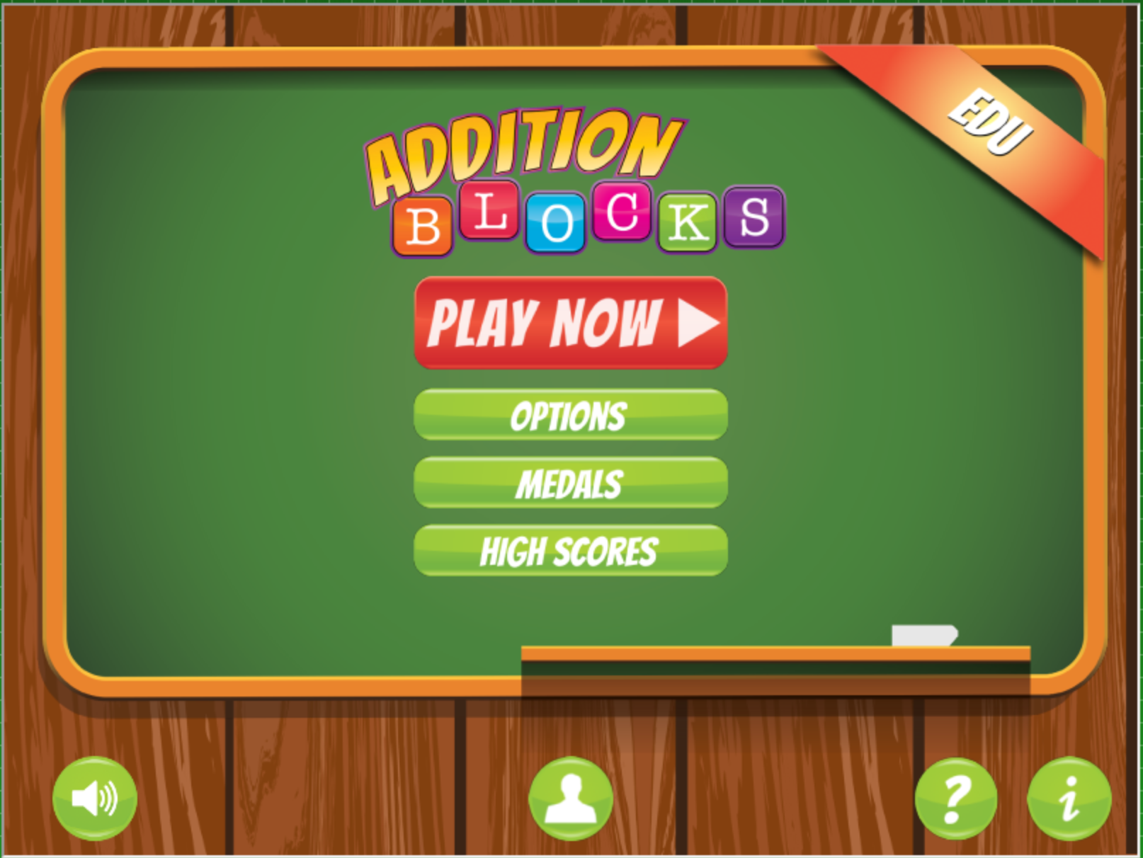 Game menu screen for "Addition Blocks EDU" with options for play, settings, medals, and high scores, featuring colorful text on a green chalkboard background with wooden frame.