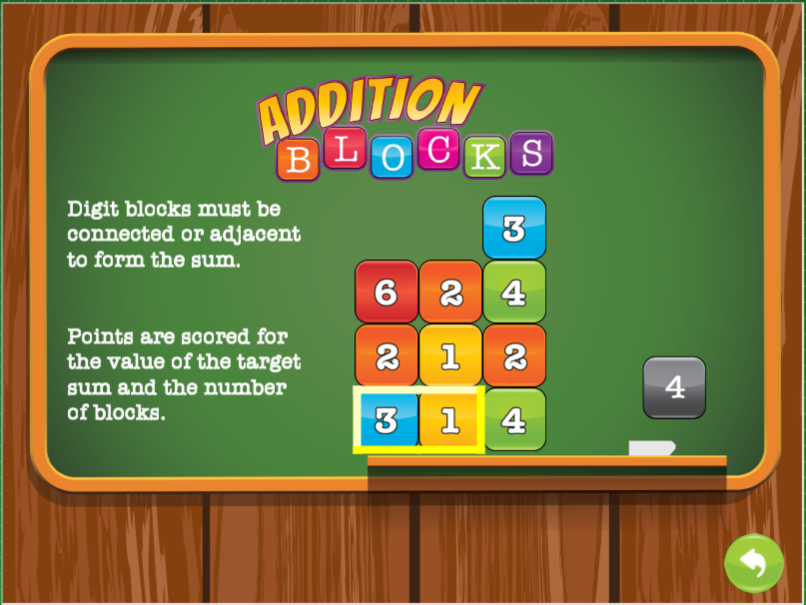 Colorful "Addition Blocks" game instructions on a chalkboard with numbered blocks arranged in a grid. Digit blocks must be connected to form a sum. Points are scored based on target sum value and block count. "4" is the current target sum.