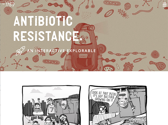 Comic-style webpage titled 'Antibiotic Resistance: An Interactive Explorable' featuring cartoon bacteria and two comic panels about bacteria on pizza.