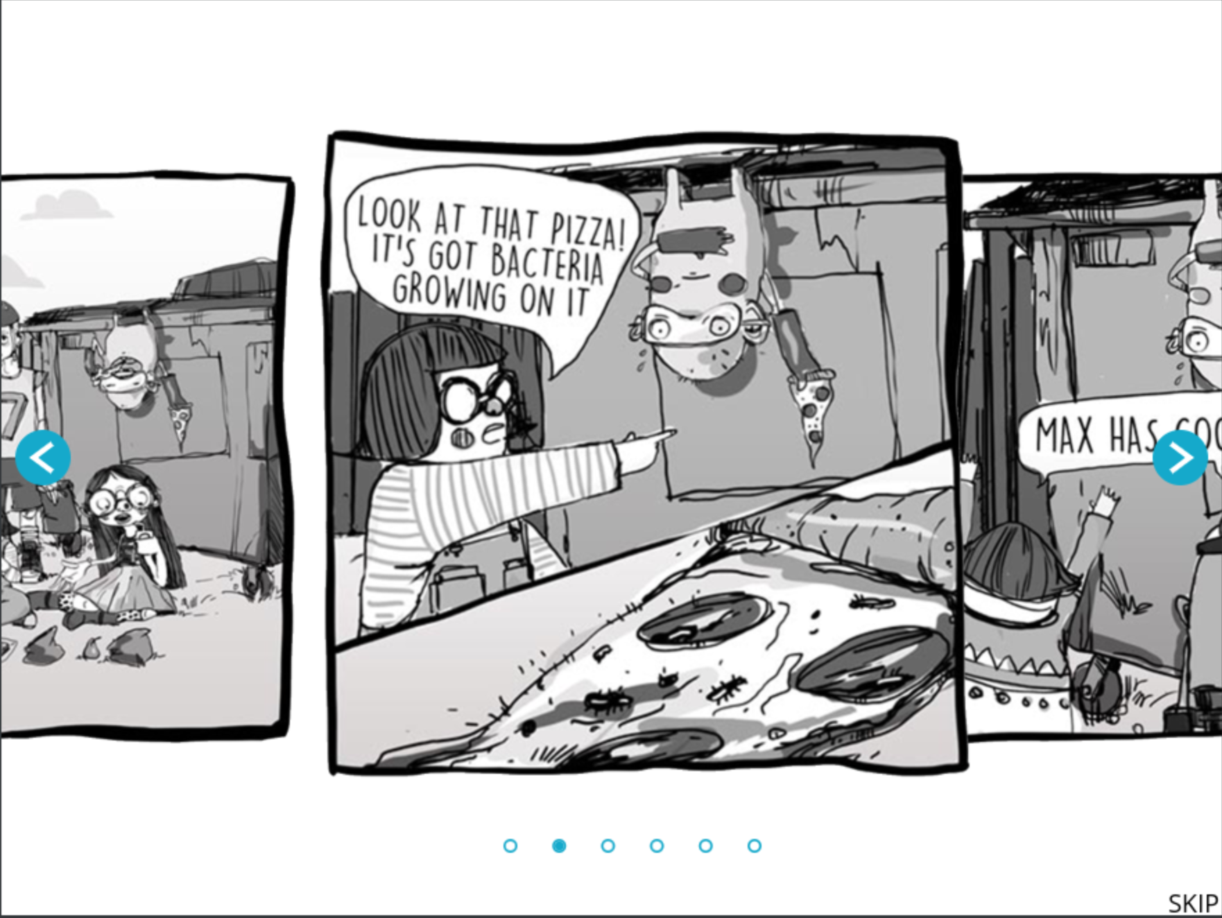 Cartoon comic strip showing children outside a shed. A girl points at a slice of pizza with bacteria on it while a boy in glasses hangs upside down. Speech bubbles read, "Look at that pizza! It’s got bacteria growing on it."