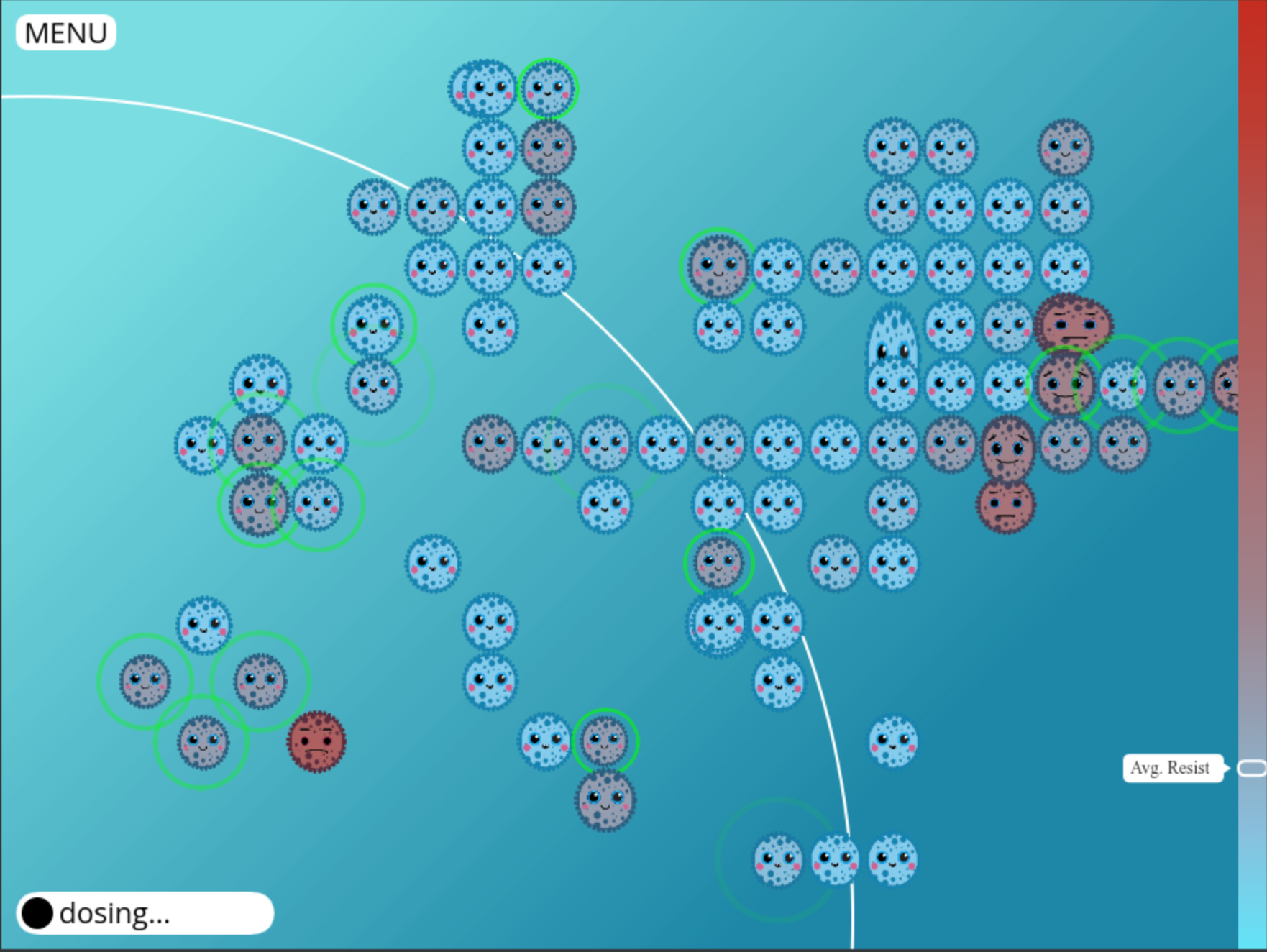 Gameplay screenshot featuring a grid of blue and pink circular creatures with faces on a blue background. Some circles are outlined in green. A menu button is visible in the top left corner, and there's a dosing indicator at the bottom left. An average resistance slider is on the right side. The background has a gradient shading effect with a white arc.