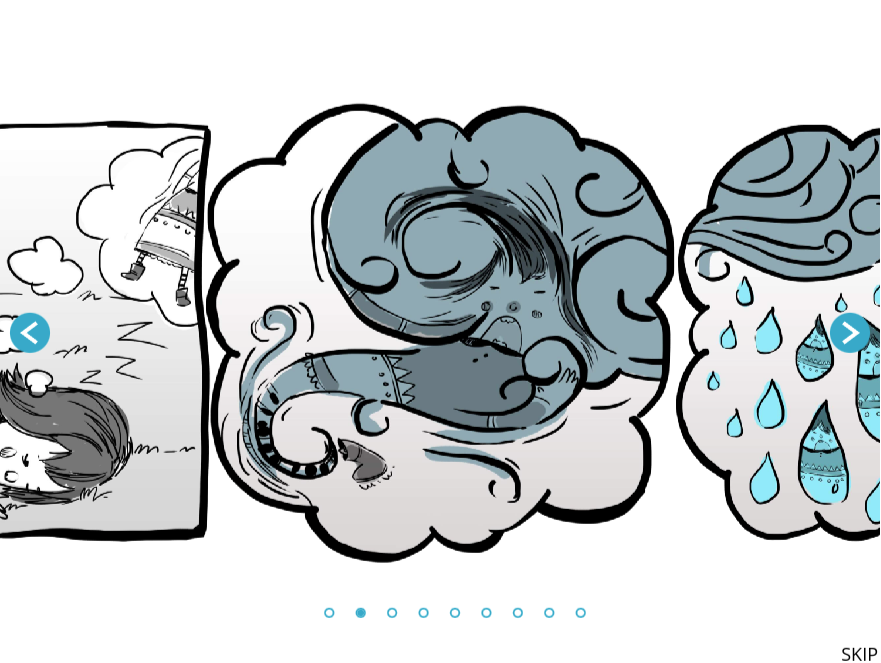 Cartoon panels with a person dreaming of a mythical creature and raindrops.