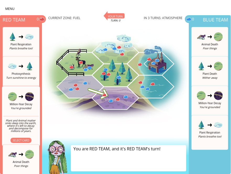 A board game interface showing hexagonal tiles representing different environments like forests, factories, and water bodies. The game is between a Red Team and Blue Team, each with an action menu on the sides. The screen indicates it is Red Team's turn. Action cards include concepts like plant respiration, photosynthesis, and decay. Icons of trees, factories, and animals appear on the tiles. A character illustration is at the bottom with a message, "You are RED TEAM, and it's RED TEAM's turn!"
