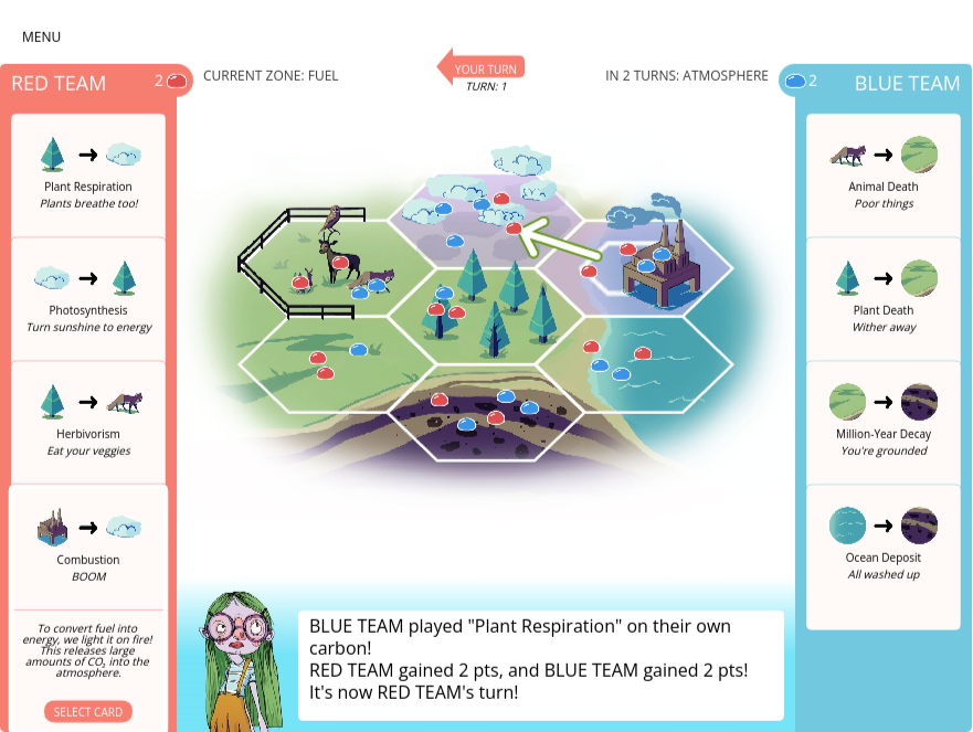 Illustrated board game screen showing hexagonal tiles with various terrain features like forests and factories. The display includes details for Red Team and Blue Team actions, with icons for plant respiration, photosynthesis, and other ecological processes. A message indicates it's the Red Team's turn after Blue Team played "Plant Respiration."