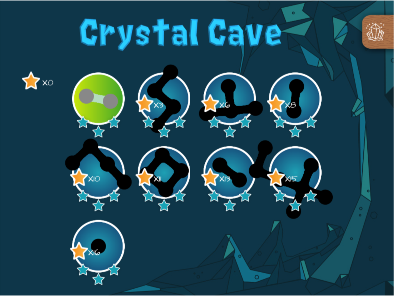 "Crystal Cave" game level selection screen with circular icons, each labeled with an "X" and number denoting different levels. Some circles have connected black shapes and star ratings. Decorative crystal graphics appear around the screen.