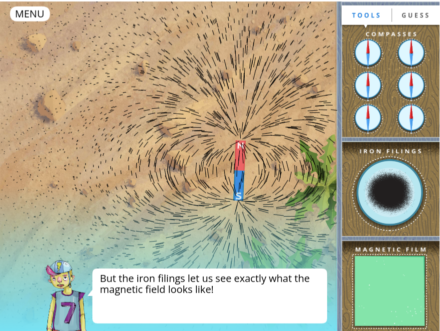 Illustration showing iron filings around a bar magnet to visualize magnetic field lines, with a compass tool and magnetic film options on the side, accompanied by cartoon character explaining the concept.