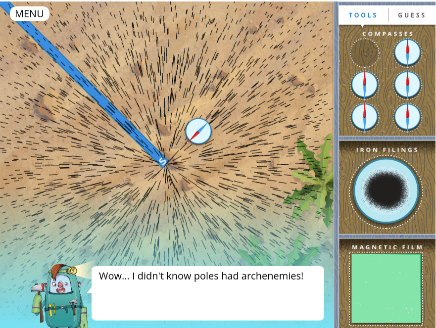 Illustration showing a compass and magnetic field lines on a map, with a robot character and speech bubble saying, 'Wow... I didn't know poles had archenemies!' The side panel displays compass readings, iron filings, and magnetic film options.