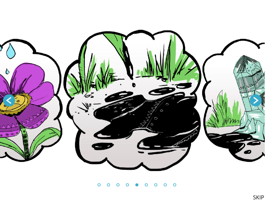 Illustration featuring a purple flower with a water droplet, a muddy puddle with plants, and a crystal object.