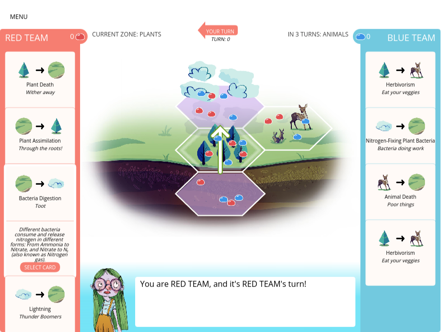 Game interface showing a hexagonal board with red and blue team zones, plants, and animals. Includes turn indicator, score, and card selection for actions like plant death and nitrogen fixation.