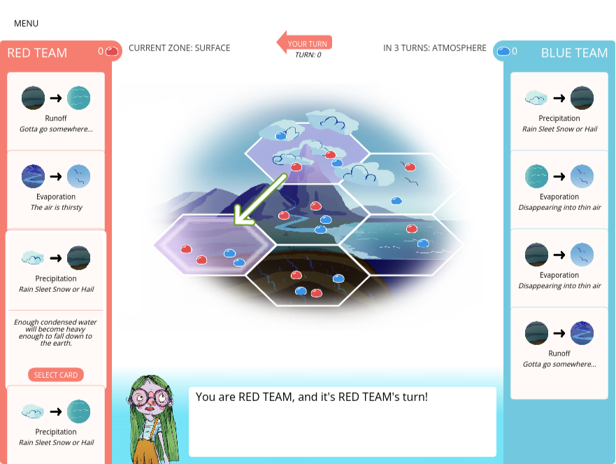 A digital board game interface showing hexagonal tiles representing different zones. The game involves two teams: Red Team and Blue Team, focusing on water cycle elements like runoff, evaporation, and precipitation. The center displays a landscape with clouds, water, and mountains. Instructions and game cards are shown on the left for the Red Team and on the right for the Blue Team. A character illustration appears in the bottom left corner. The text indicates it is the Red Team's turn.