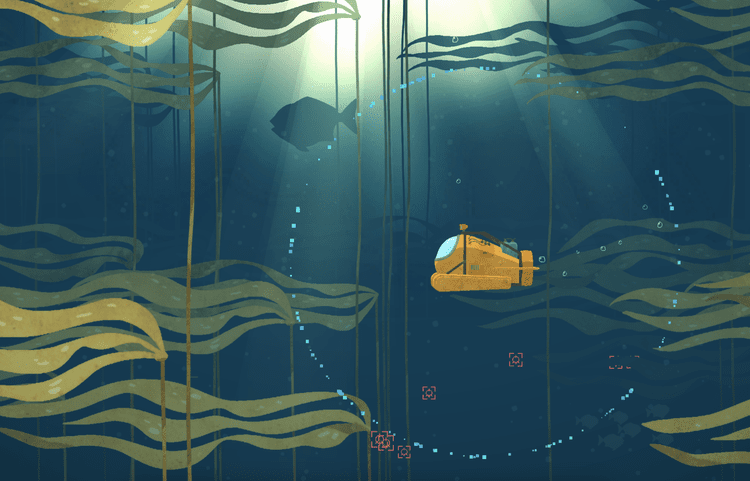 Animated scene depicting a yellow submarine underwater surrounded by kelp and various marine life silhouettes, including a large fish.