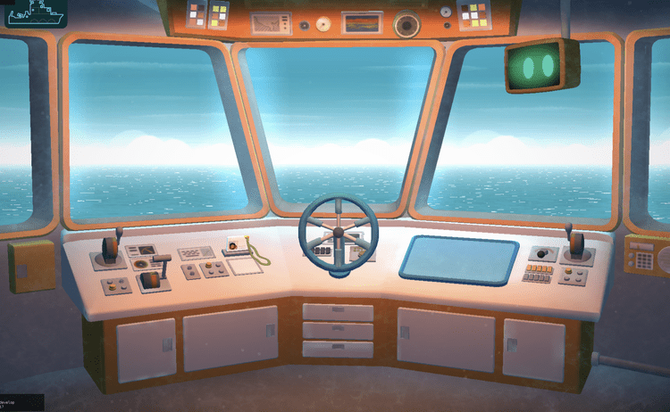 Animated ship's bridge with control panel, steering wheel, and ocean view.